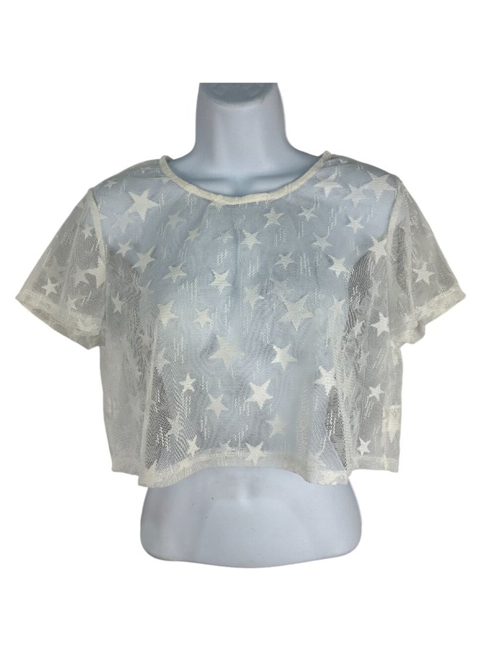 Shein White Mesh Star Pattern Womens Cropped Top Size S Short Sleeve Lightweight